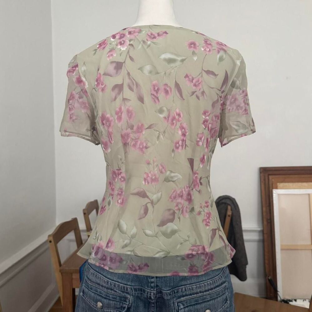 Vintage 1990s Green & Pink JBS Floral Mesh Short Sleeve Blouse, Size 10 - Picture 3 of 4